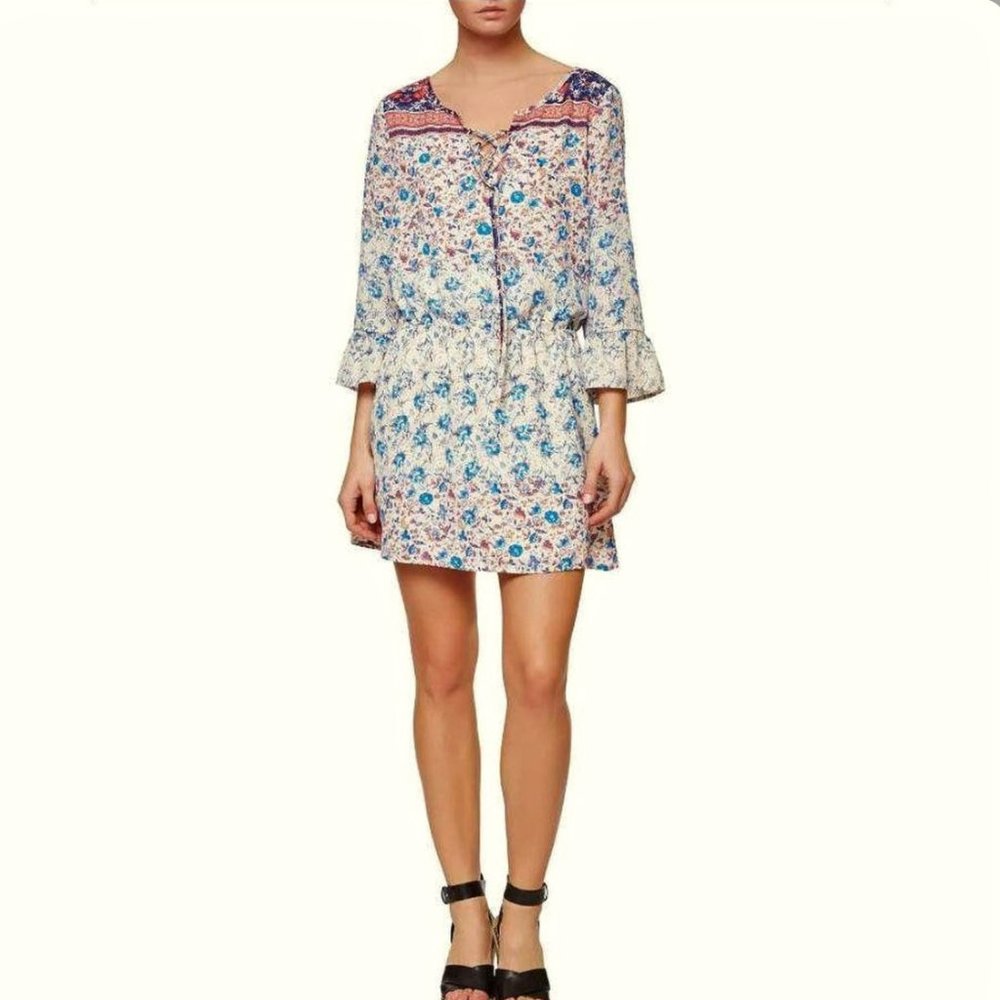 Sanctuary Floral Dress 3/4th Ruffle Sleeves Medium Lace Tie Polyester‎ Lined